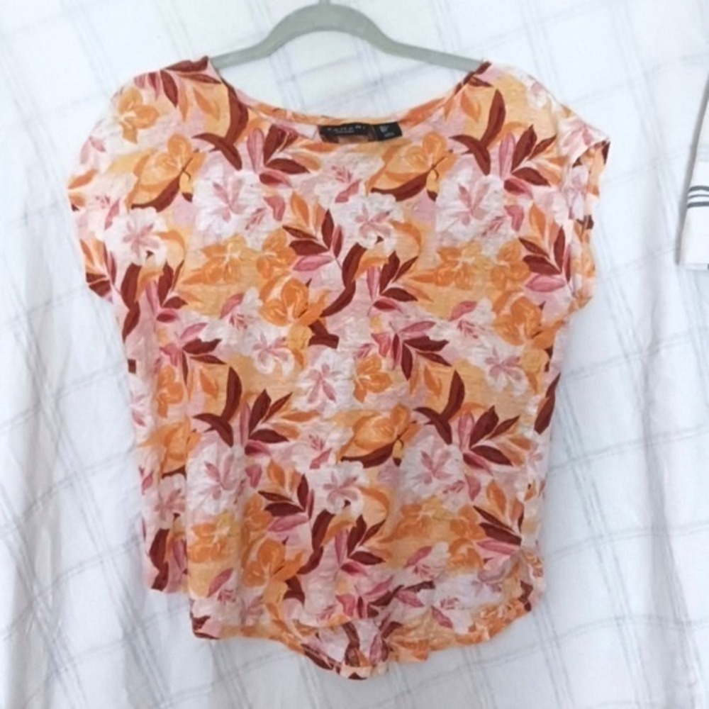Tahari Womens 100% Linen Floral Leaf Print Cap Sleeve Scoop Neck Top Orange L